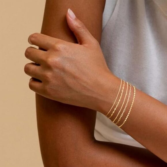 Dainty Gold Plated Bracelet Set Stackable Thin Chain Minimalist Elegant Jewelry - Picture 3 of 8